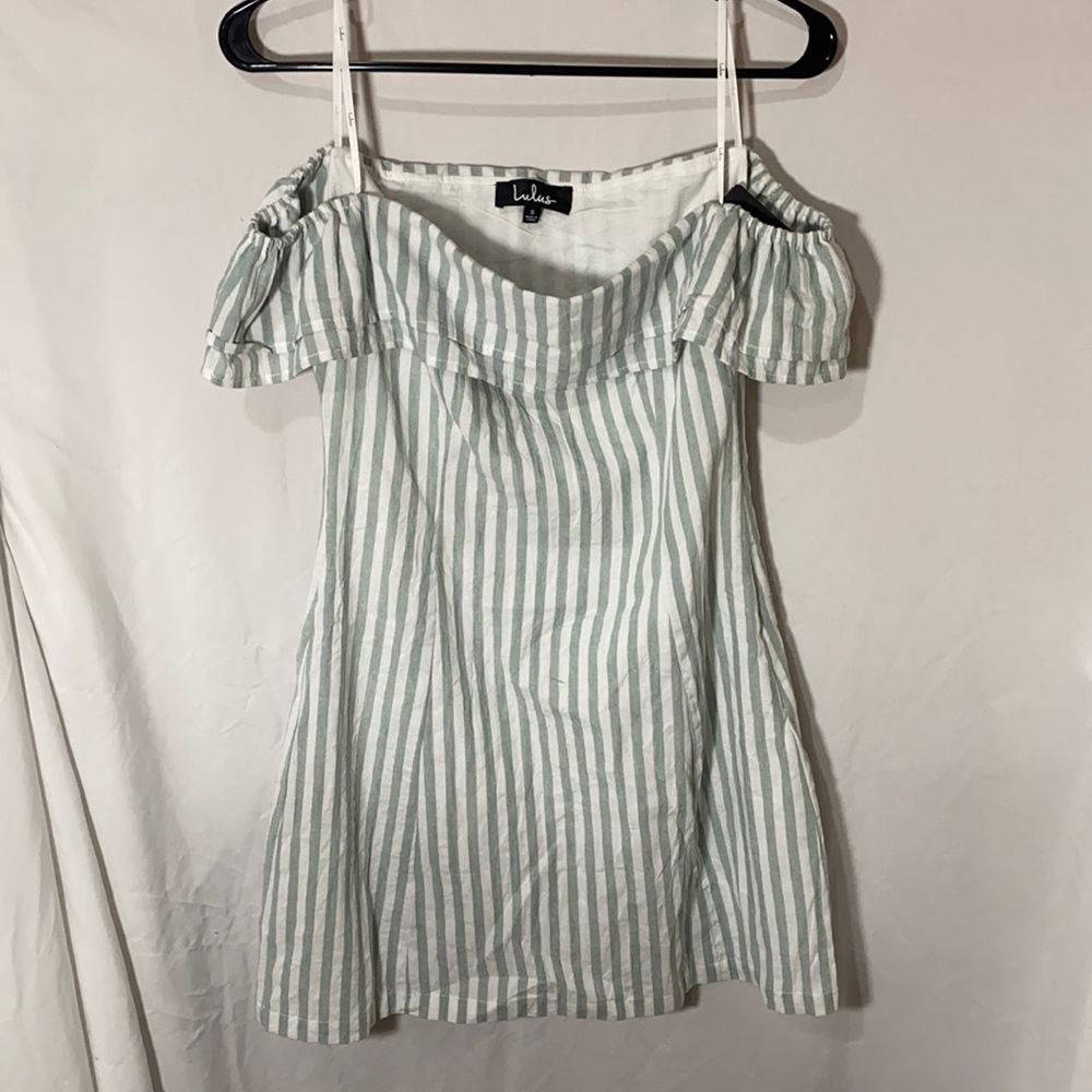 Lulus White & Mint Striped Off the Shoulder Dress